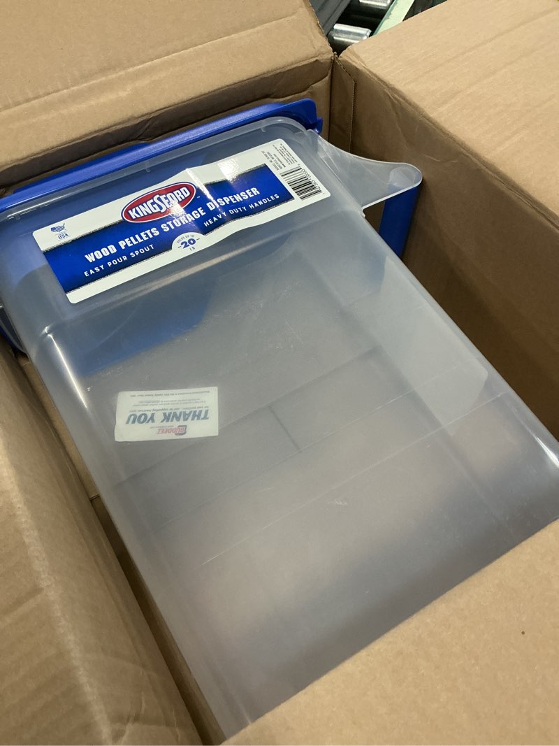 Condition photo showing Good Condition for Buddeez Kingsford Pellet Dispenser with Flip Spout - Stackable Storage Bin for Wood and Grill Use - Clear Body with Blue Lid - 1 Count