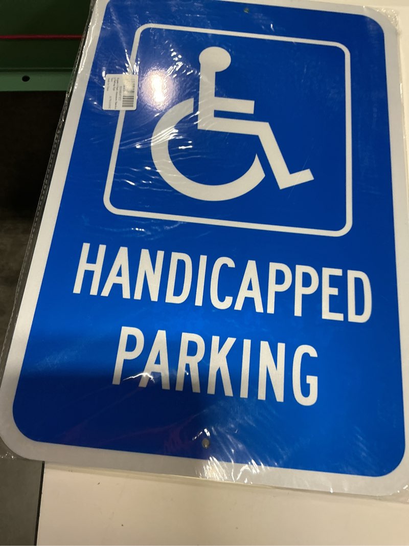 Condition photo showing New/Like New for 4 pack aluminum handicap parking sign, 18" x 12" large handicapped sign handicap signs for parking, pre-drilled holes, easy to mount