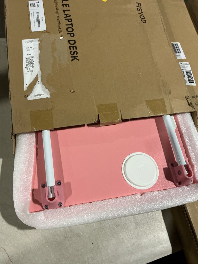 Condition photo showing Good Condition for foldable laptop table, portable lap desk bed table tray, laptop stand with cup holder & tablet slot & lifting handle for working writing drawing & eating (pink)