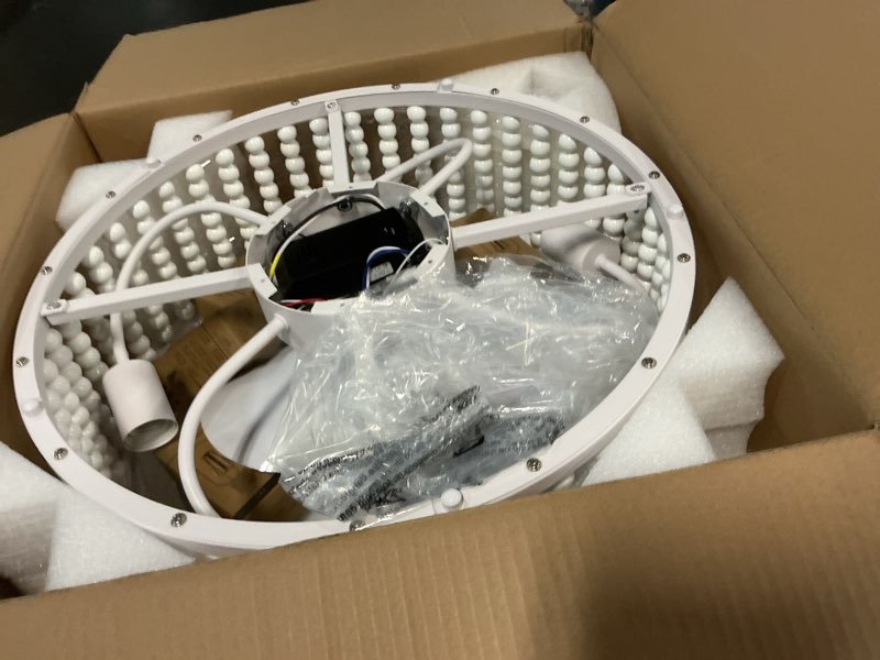 Condition photo showing New/Like New for ceiling fans with lights and remote - bulbs included, caged fandelier with handcrafted beaded décor 19 inches reversible flush mount installation ceiling fan, off-white off-white 19.2