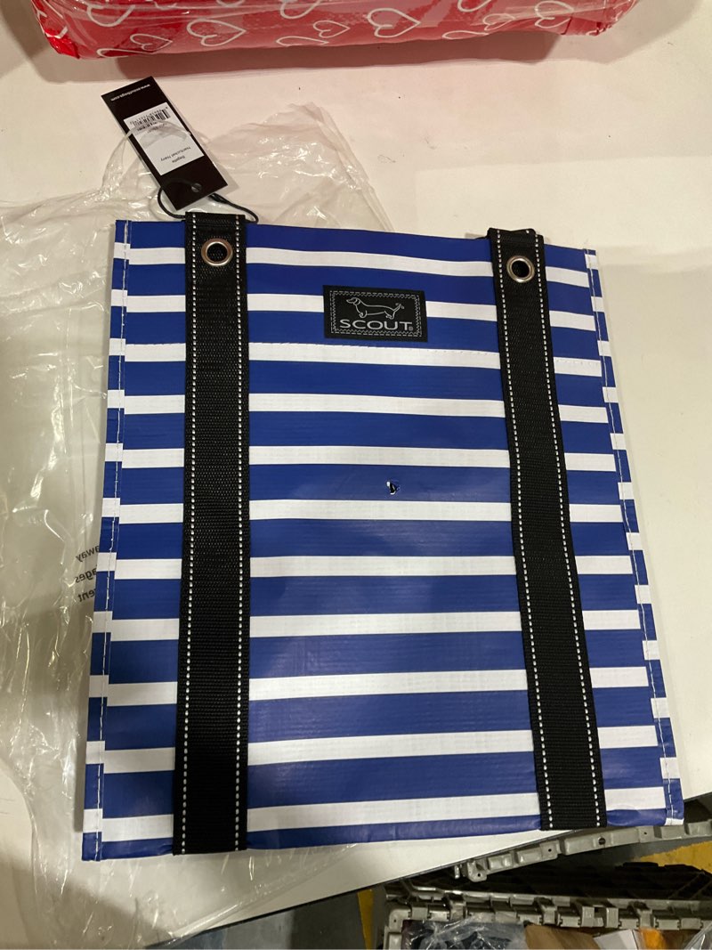 Condition photo showing As Is for SCOUT Bagette Market Tote, Large Reusable Grocery Bag with Burst-Proof Bottom Nantucket Navy damaged 