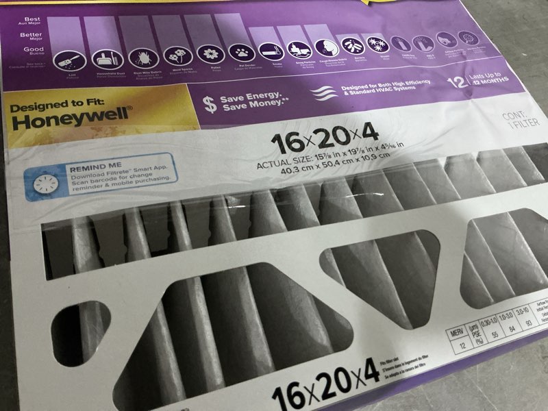 Condition photo showing As Is for filtrete 16-in w x 20-in l x 4-in merv 12 1550 mpr allergen, bacteria and virus electrostatic pleated air filter