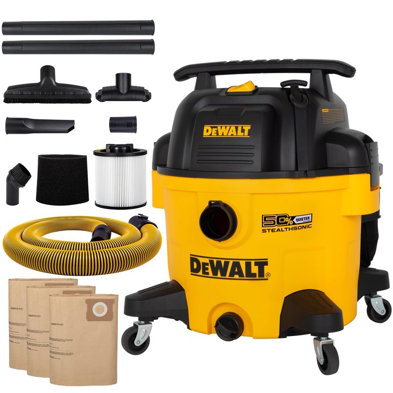 dewalt 9 gallon stealthsonic ultra quiet poly shop vacuum wet/dry, dxv09p-qta noise reduction vac for shop, heavy duty shop vacuum