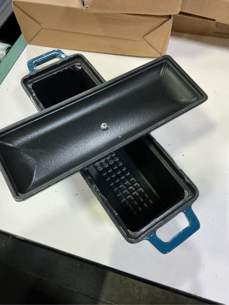 Condition photo showing As Is for crucible cookware enameled cast iron bread pan with lid - dark teal blue - oven safe form for baking and cooking - loaf pan