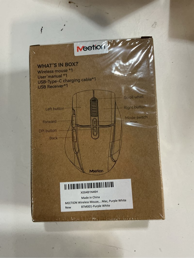 Condition photo showing New/Like New for meetion wireless mouse for laptop, usb and bluetooth connectivity, 4 adjustable dpi, rechargeable, ergonomic mouse for laptops, ipad, compatible with windows, macos, android, ios, purple white purple white bt&usb