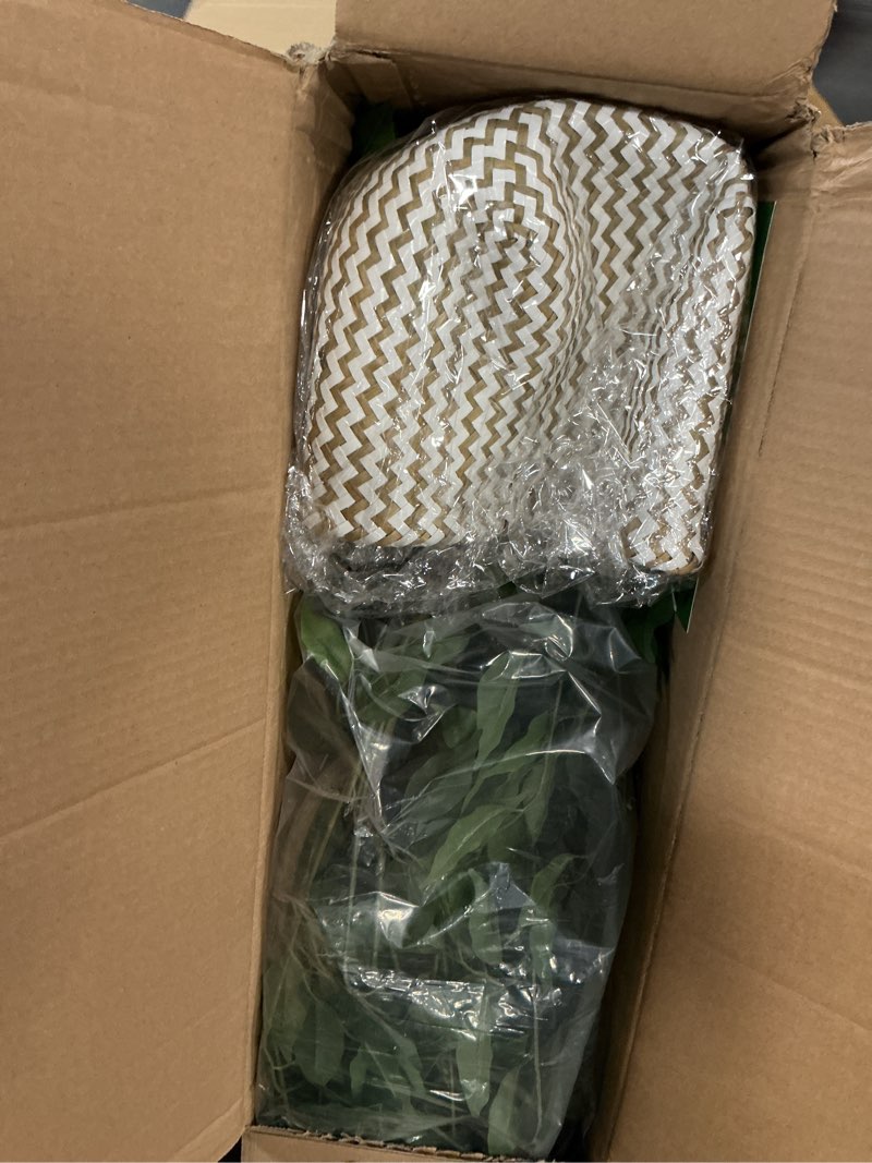 Condition photo showing As Is for 8ft Artificial Ficus Tree, 96” Realistic Ficus Leaves Large Fake Plant with Basket, Indoor Outdoor Potted Faux Tree for Home Garden Office House Livingroom Décor Ficus 8ft