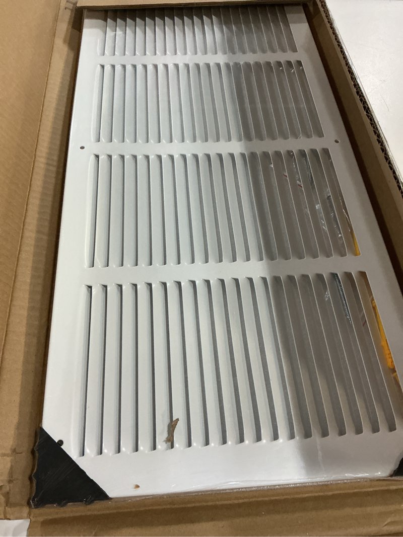 Condition photo showing New/Like New for fancat 24"w x 10"h return air grille [duct opening size], steel hvac return air vent cover for wall & ceiling, white powder-coated rust-resistant ac cold air return, outer dimensions 25.75"w x 11.75"h 24''wx10''h [duct opening]