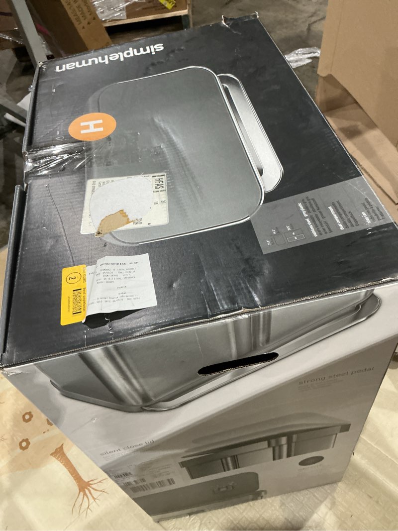 Condition photo showing As Is for simplehuman dual compartment liner pocket recycler, 58 liter brushed steel indoor kitchen 