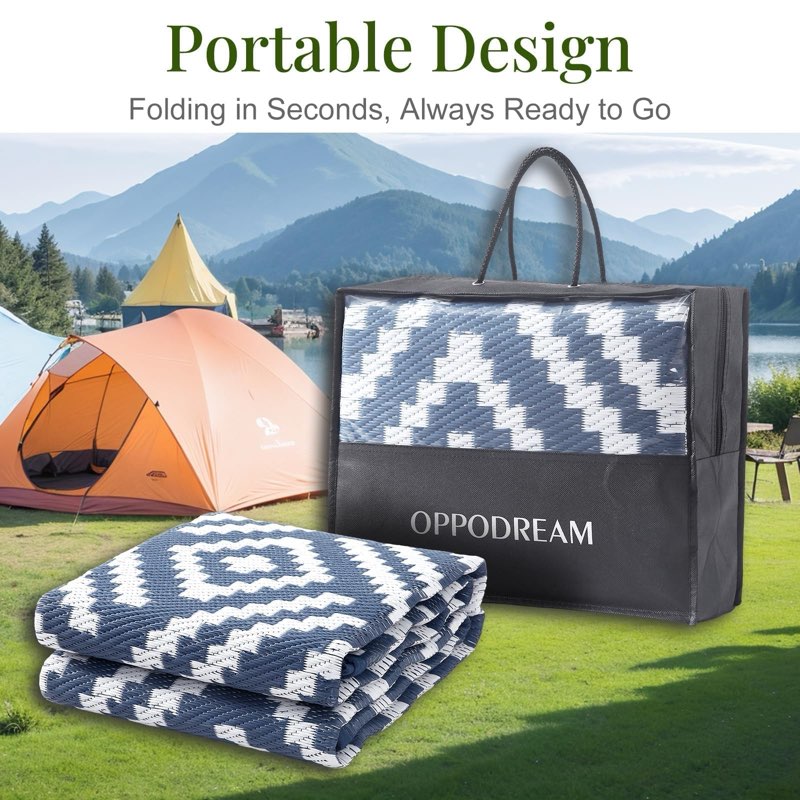 oppodream outdoor rug 8x10 patio waterproof, large outdoor plastic straw rug, reversible out door carpet for camping, deck, rv, 8 x 10 area carpet for balcony, porch, backyard, white and navy blue