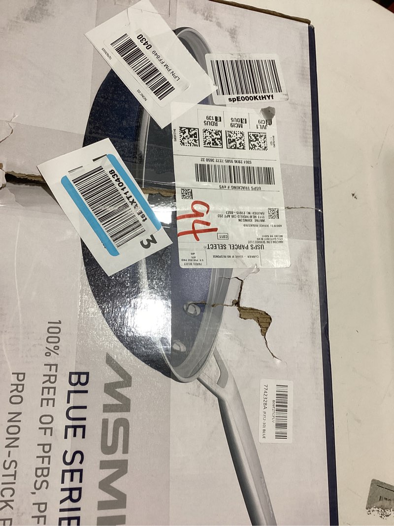 Condition photo showing As Is for MsMk Non stick frying pan set with lid Blue, 12-inch Durable skillet, Titanium and Diamond Non Stick Non-Toxic Coating From USA, Even Heating, Easy Clean-Up, Comfort Handle, Induction Compatibility 12 Inch Frying pan with lid