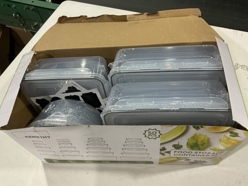 Condition photo showing Good Condition for 50 pcs food storage containers with lids airtight (25 containers & 25 lids), 100% leak proof meal prep container for kitchen, bpa-free plastic(polypropylene5), microwave/dishwasher safe, labels & pen