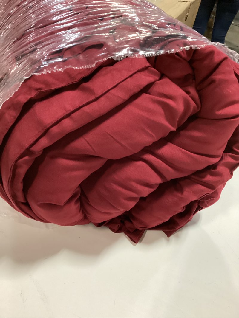 Condition photo showing As Is for Andency Burgundy Ruffle Comforter Set King, Shabby Chic Farmhouse Bedding Comforter, Soft Lightweight Fluffy Microfiber Bet Set All Season 3 Pieces Solid Comforter Set Burgundy King(104"x90")