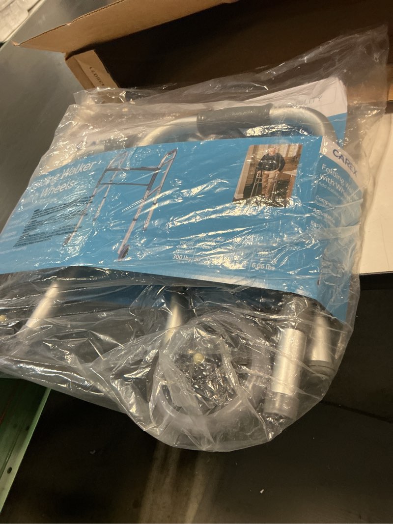 Condition photo showing Good Condition for carex folding walker with wheels for seniors, portable medical walker with adjustable height, 30-37 inches, mobility aid for adults, elderly, and handicapped, foldable, aluminum frame, lightweight