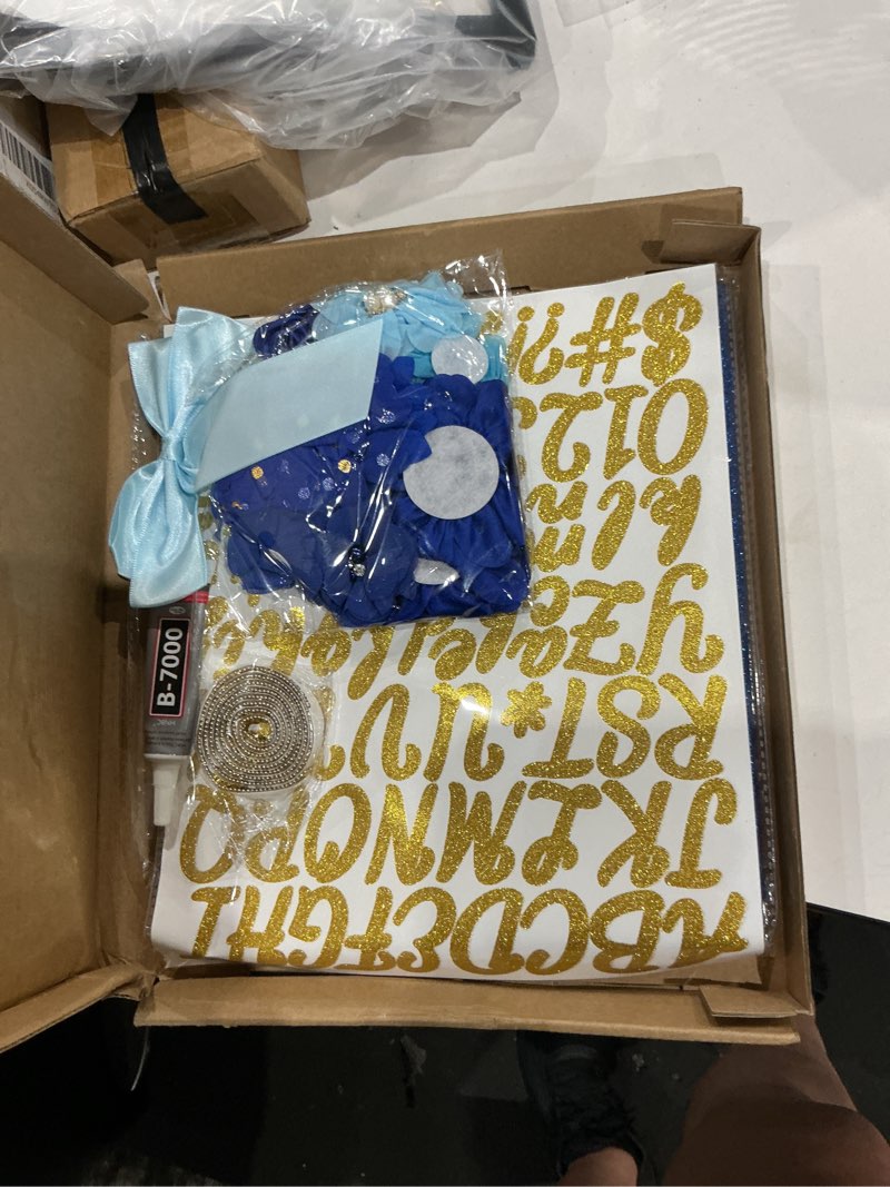 Condition photo showing Good Condition for graduation cap decorations kit 2026 diy cap decorations 36pcs included fake flowers heads bow 3d butterfly self adhesive rhinestones stickers alphabet letter stickers for grad party decor, blue
