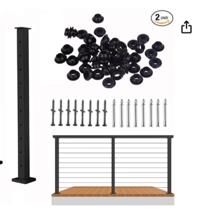 (1 piece only) Cable Railing Post - Stainless Steel Square Fence Post for Deck Cable Railing System (36\" Level-drilled-1Pack, Black)