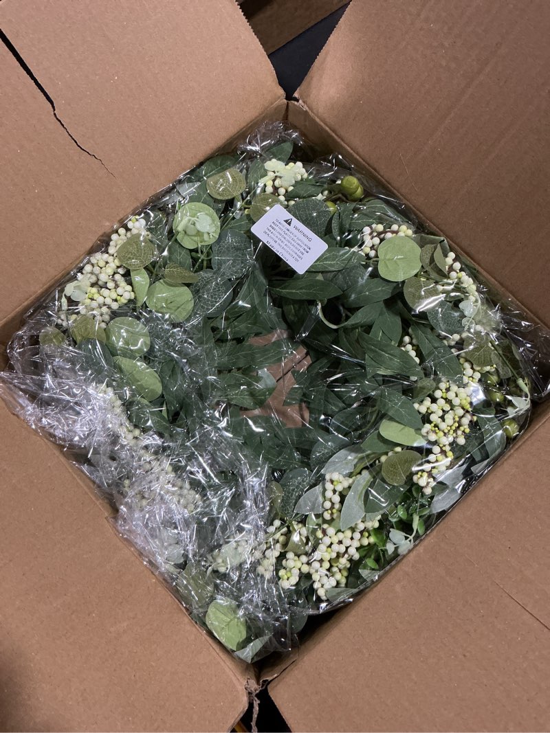 Condition photo showing New/Like New for Green Eucalyptus Wreaths for Front Door Spring Summer Wreath with Eucalyptus Leaves,Olives Leaves,Mixed Berry for Indoor Outdoor Farmhouse Home Porch Wall Window Festival Wedding Decor All Season