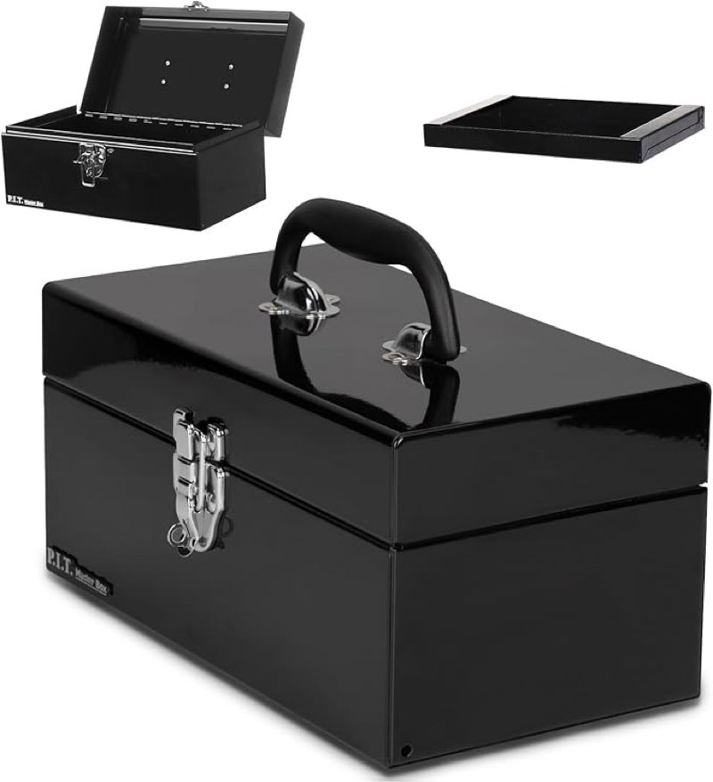 p.i.t. small tool box 12 inch,portable removable tray heavy steel tool box with metal latch closure,black,tool storage,lockable for household, warehouse,tools storage,home diy