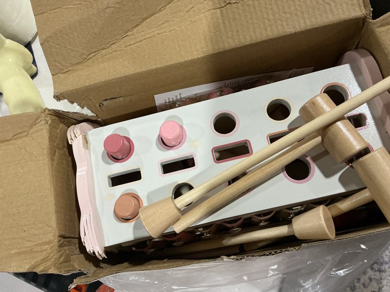 Condition photo showing As Is for joyreal montessori toys for 1 year old girl gift - pink wooden hammering pounding toy with xylophone & fishing game - toddler learning activities for kids 1+ 2 3 year old christmas birthday gifts