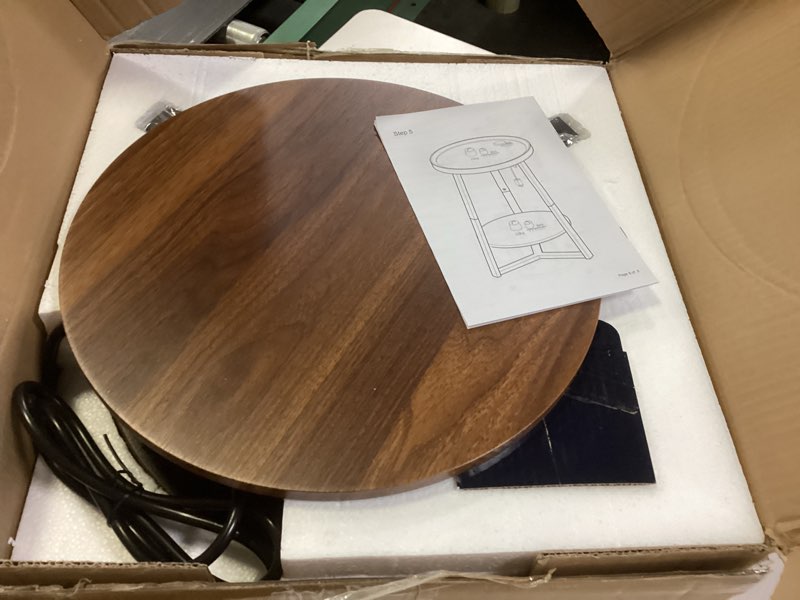 Condition photo showing Good Condition for Gadroad Round End Table with Charging Station, USB Ports, Wood Tabletop & Black Metal Frame, 2-Tier Side Table for Living Room, Bedroom, Brown 15.7 * 15.7 * 23.0inches Brown with Charging Station