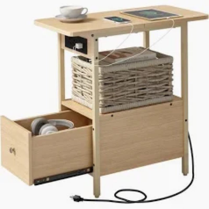 lidyuk end table with charging station, narrow side table with drawer and usb ports & power outlets,