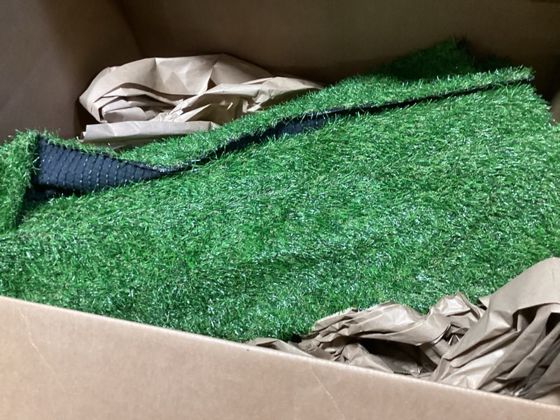 Condition photo showing Good Condition for Green Artificial Grass 4FT 11in x 8 FT, Heyroll 0.8" Fake Grass Turf Mat, Indoor Outdoor Artificial Lawn Rug, Dogs Pet Synthetic Grass Carpet for Landscape Garden Backyard Patio,Customized 5FTx8FT