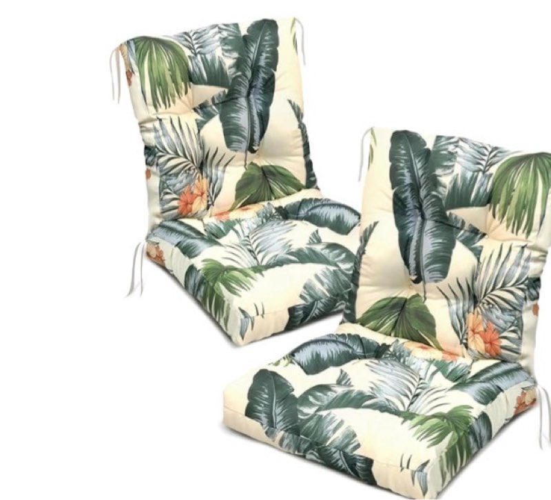 set of 2 waterproof wicker outdoor chair cushions with ties, printed high back outdoor seat cushions for patio furniture, hawai