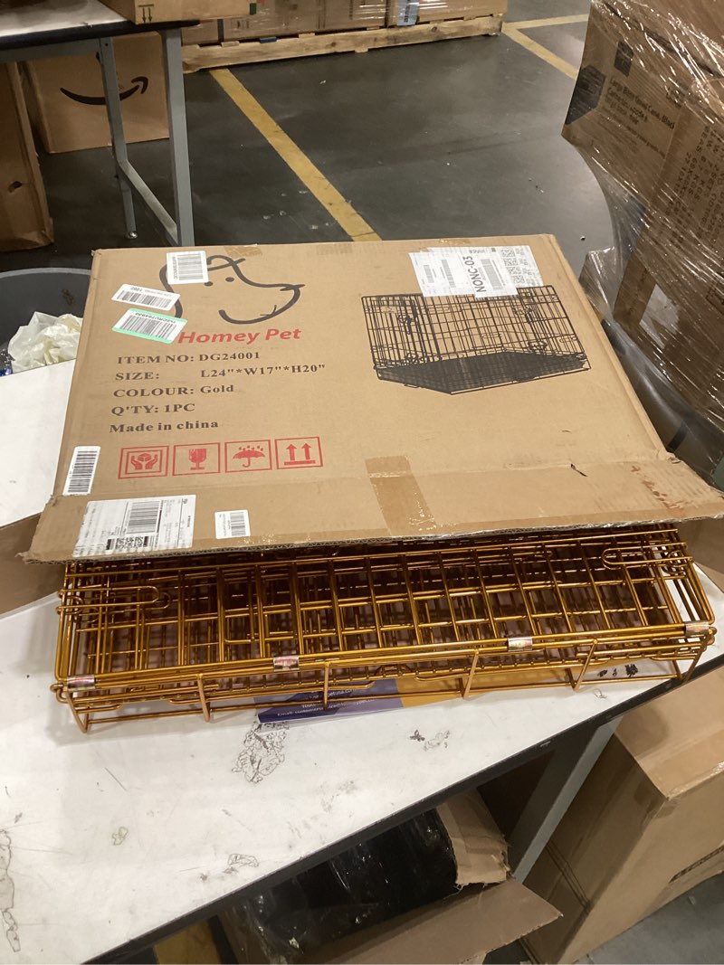 Condition photo showing Good Condition for homey pet 24" gold color folding design dog crate puppy ertra small breed dog kennels with removable floor grid and pull out tray, dog cage copper gold finish 23.8"l x 16.9"w x 20.6"h gold