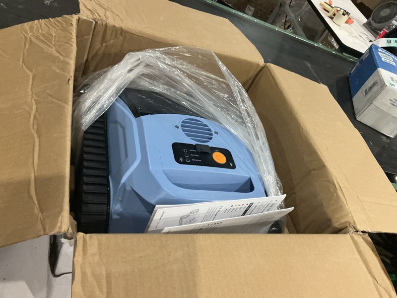 Condition photo showing As Is for cordless robotic pool vacuum with smarter navigation & track drive, dual 180w brushless motors, wall & waterline climbing, 150-min runtime, for inground & above-ground pools up to 2,150 sq. ft. blue