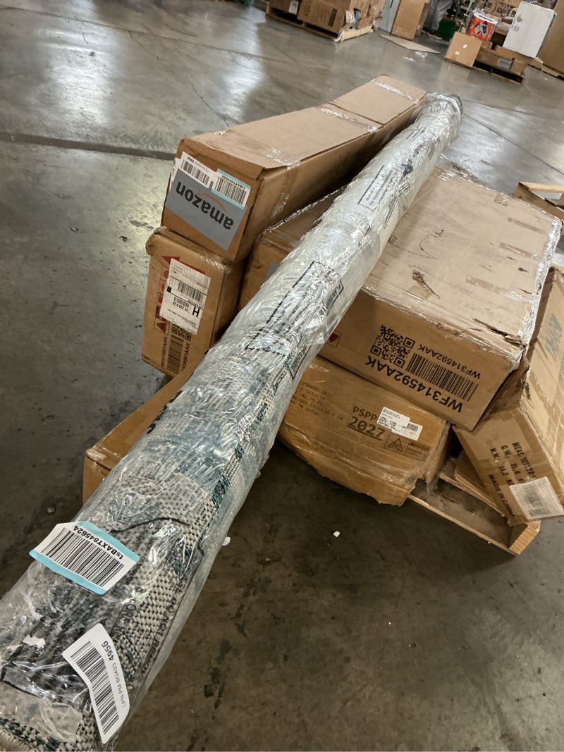 Condition photo showing As Is for JONATHAN Y Boho Medallion Indoor Outdoor Area Rug 10X14 Teal/Gray, Estrella Textured Weave for Backyard, Patio, Porch, Easy-Cleaning, High Traffic, Pet-Friendly, Non-Shedding (SMB105C-14) Teal/Gray 10' x 14' (Rectangular)