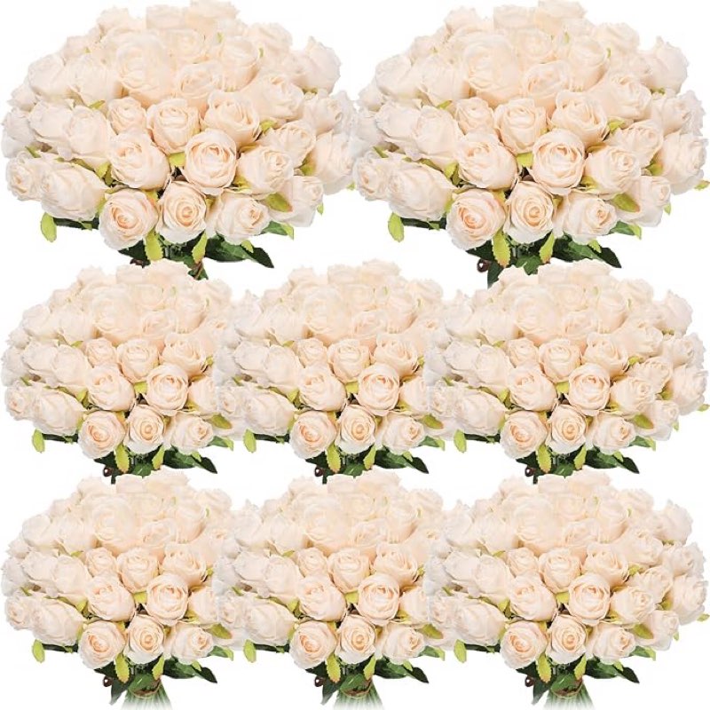 hotop 80 pcs rose artificial flowers bulk with long stem, silk roses realistic fake flowers bouquet for wedding table centerpieces bridal shower party home decorations(beige)