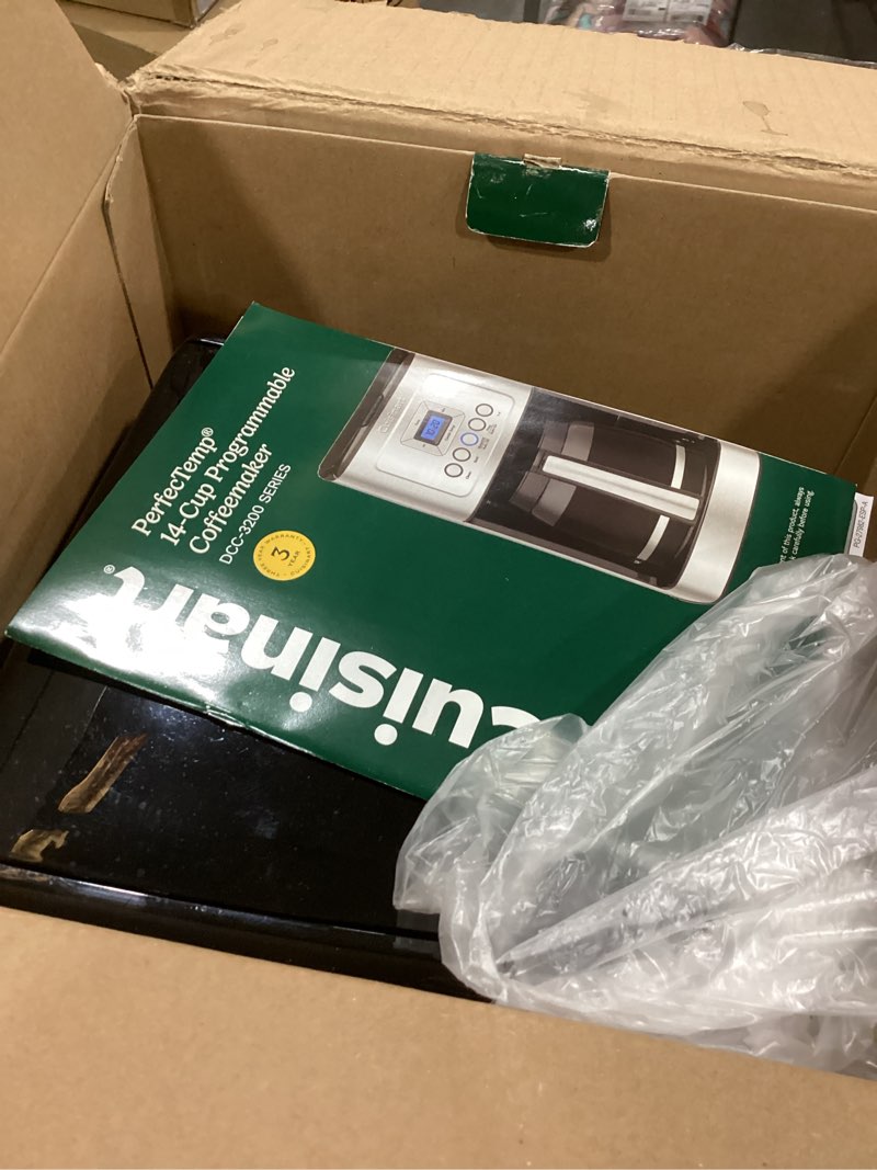 Condition photo showing As Is for cuisinart 14-cup coffee maker, programmable perfectemp glass carafe coffee machine with 1-4 cup setting, brew strength control and pause, stainless steel, dcc-3200nas 14-cup glass stainless steel