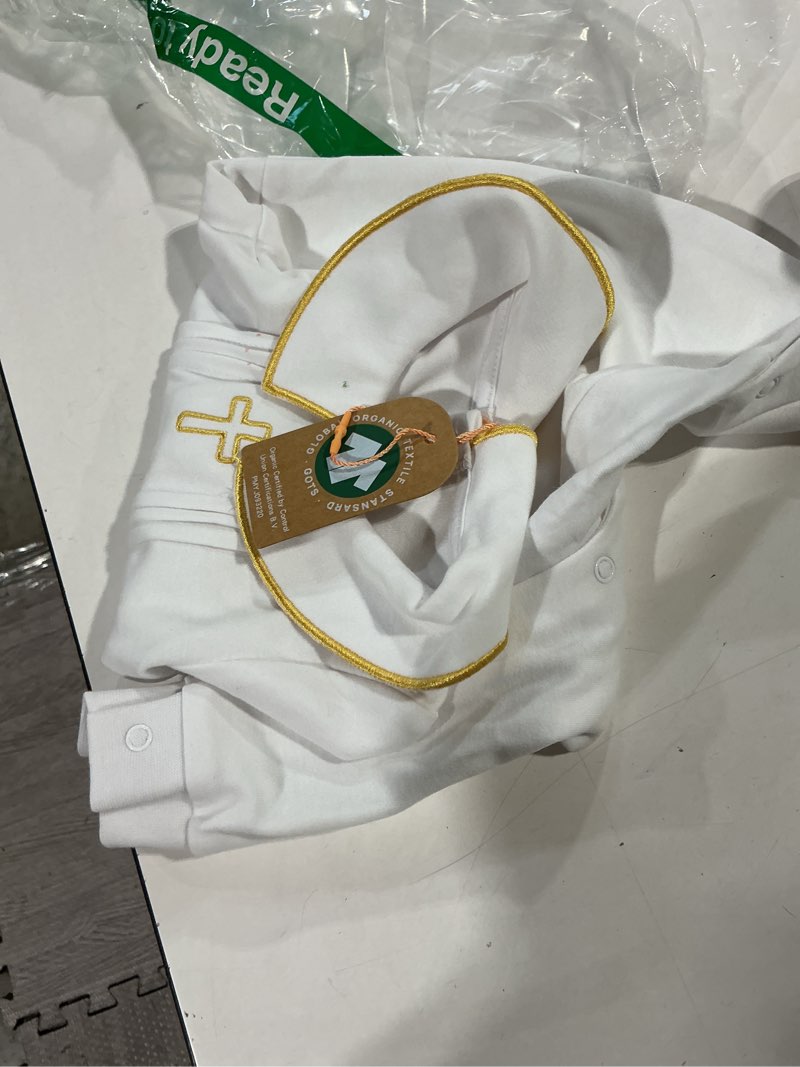 Condition photo showing Good Condition for pureborn baby boy baptism outfit cotton romper 0-24 months | oeko-tex certified, cross, embroidery-ready area, peter pan collar, 100% cotton, christening romper, snap white with cross 0-3 months