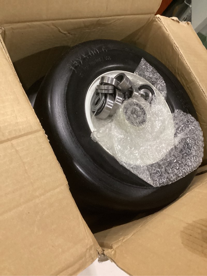 Condition photo showing Good Condition for 13x5.00-6 flat free lawn mower tires and wheels 3/4" 5/8" 1/2" ball bearings, 13x5x6 zero turn mower front tires, smooth tires for commercial grade lawn 4.3"-6.3" adjustable centered hub 13x5.00-6 - 2p ( flat free ) white
