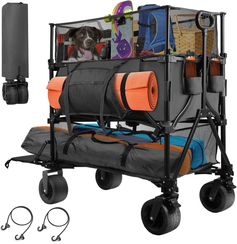 54" Double Decker Wagon Cart with Wheels Foldable, 550L Large Capacity Collapsible Wagon, 550LBS Load Heavy Duty Wagons Carts, Retractable Height & Extra Long Folding Beach Wagon