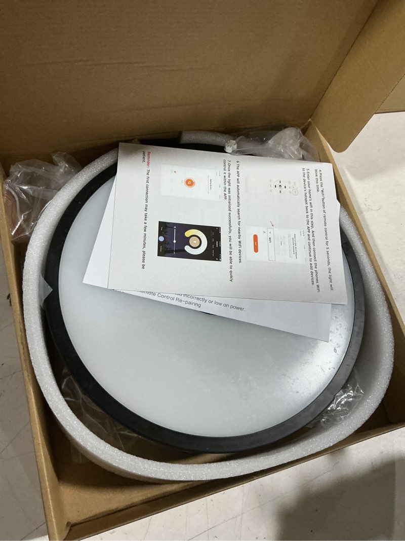 Condition photo showing As Is for black smart waterproof led flush mount ceiling light fixture,18w,with bluetooth speaker,rgb color changing function-dimmable lamp,tuya application control-compatible with alexa google home black-applications+dimming function+bluetooth 11-inch