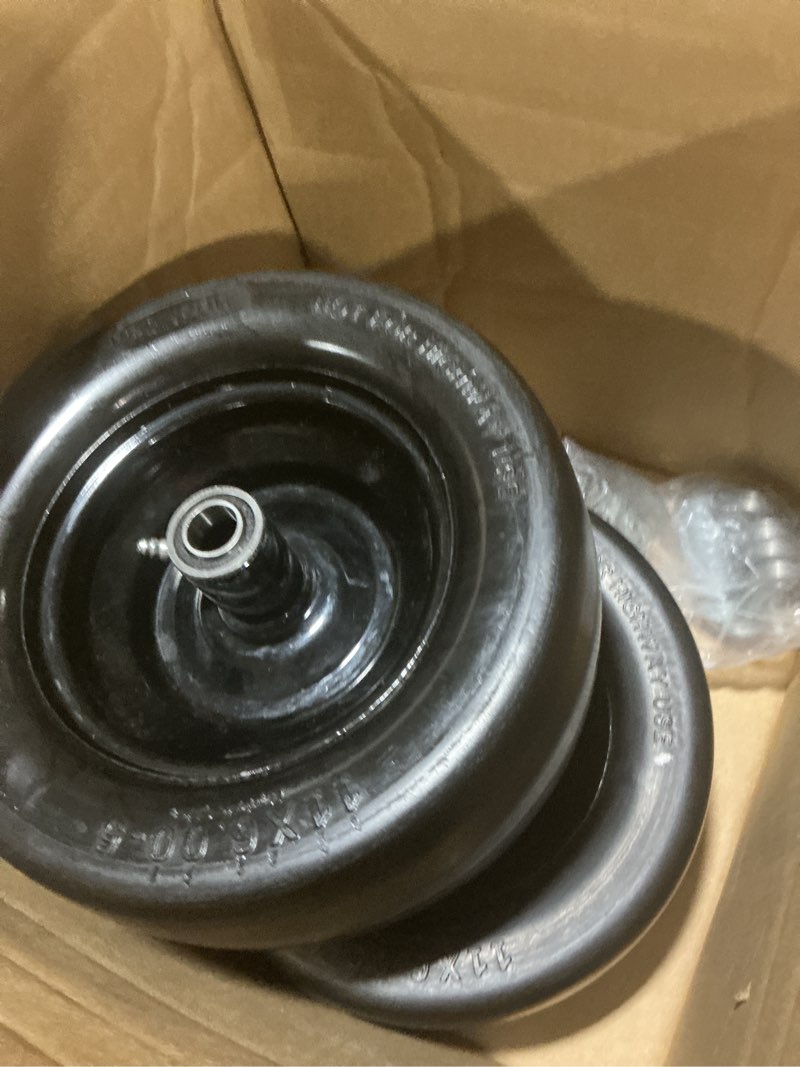Condition photo showing Good Condition for ronpow 11x6.00-5 flat free lawn mower tire and wheel, 11x6x5 solid front tires for zero turn mower, 400lbs load, 3/4", 5/8" and 1/2" bearings, 5.31"-7.71" hub for residential commercial, 2pack black