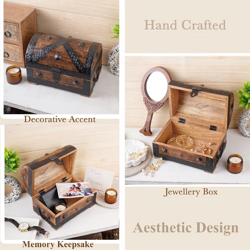 Condition photo showing As Is for ajuny wooden pirate treasure chest jewelry box keepsake organizer with lock | hand carved vintage trinket holder storage case antique style decorative coin memento gift for bedroom dresser tabletop decor