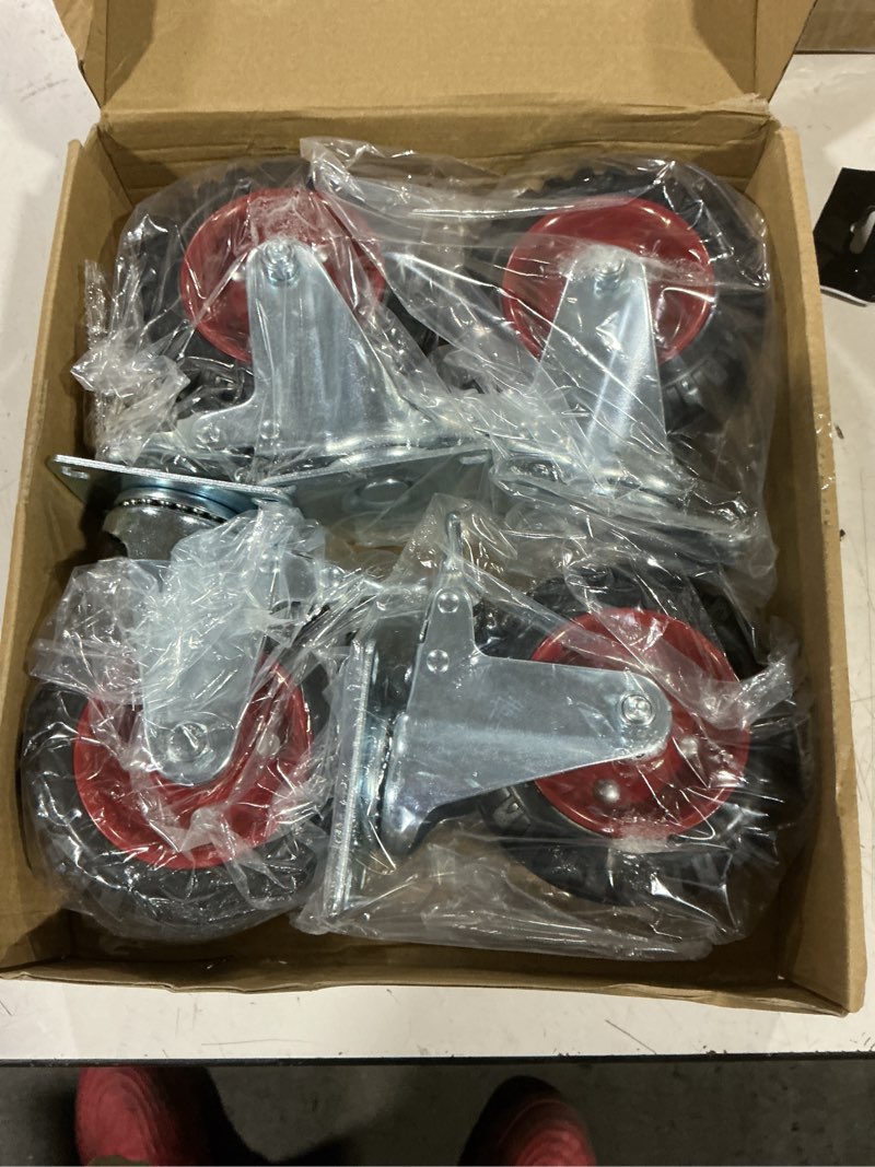 Condition photo showing New/Like New for 5" swivel caster wheels with safety dual locking and rubber tire wheels, heavy duty - 350 lbs per caster for workbench, cart, trolley, dolly, cabinet, compact rubber castor wheels, 4-packs 5in-4packs