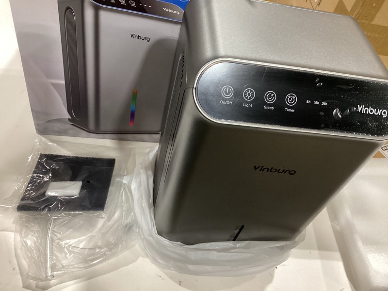 Condition photo showing Good Condition for dehumidifier for home up to 1000 sq.ft, 98oz small quiet dehumidifier with drain hose, 3 timer modes, auto shut off, aromatherapy & 7 color light for bedroom, bathroom, basement (space gray)