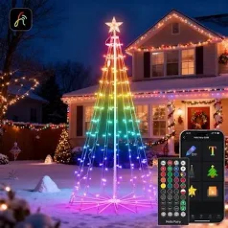 8FT Smart Christmas Cone Tree Lights, 388 LEDs Lighted Outdoor Christmas Tree with Timer Remote & AP