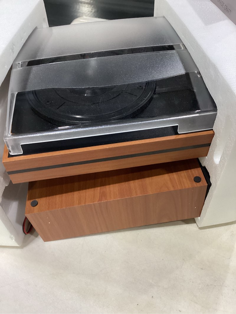 Condition photo showing Good Condition for vintage record player with external speakers belt-drive turntable for vinyl records dual stereo speakers lp players support 3 speed 3 size wireless playback aux headphone input auto stop wood red