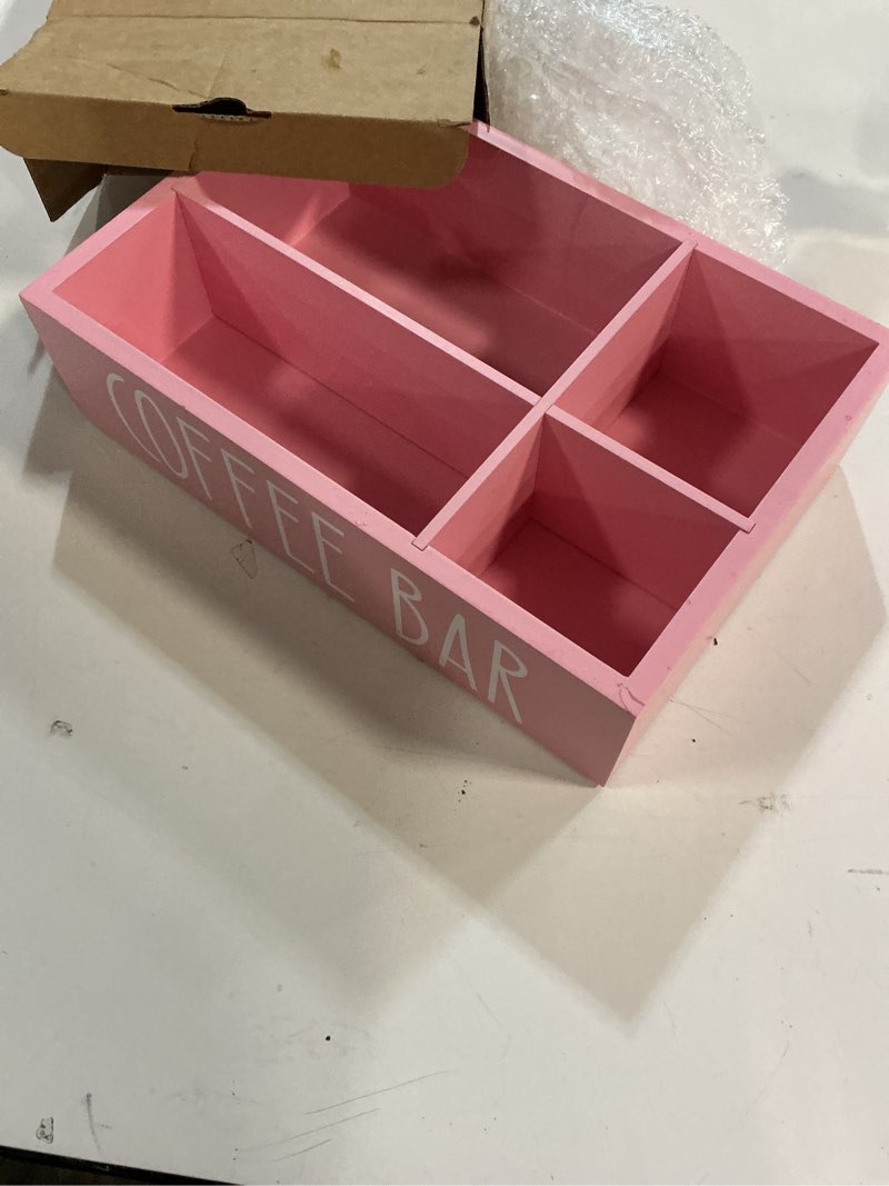 Condition photo showing New/Like New for ALELION Coffee Station Organizer - Wood Countertop Accessories Organizer with Removable Dividers for Pods Condiment Syrup Tea Cups Stirrers - Pink Decor for Kitchen Coffee Bar