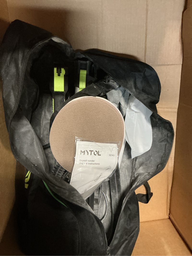 Condition photo showing As Is for mytol drywall sander, 7.2a electric drywall sander with vacuum dust collection, led light, 6 variable speed digital display 900-1800rpm, foldable & extendable handle green