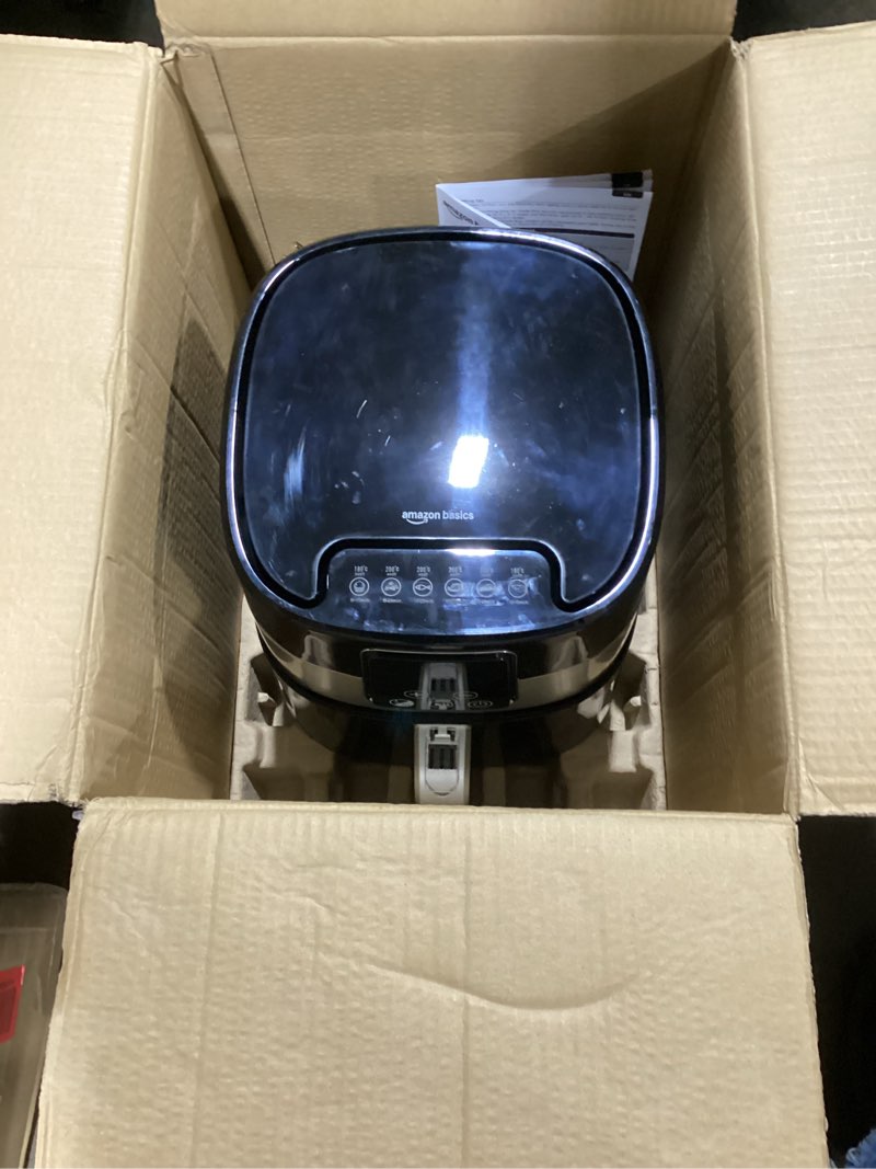 Condition photo showing New/Like New for Amazon Basics 3.2 Quart 6-In-1 Air Fryer (Fry, Crisp, Roast, Bake, Reheat, Dehydrate), Non-Stick, with Timer, Auto Shut-Off, Digital Touch Screen, 180-400°F, 1400W, Black/Silver Digital 3.2 Quart