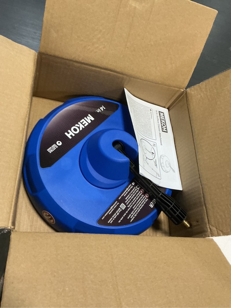 Condition photo showing Good Condition for mekoh 14” electric pressure washer surface cleaner attachment, 2500 psi universal power washer accessories for driveway sidewalk deck patio concrete cleaning, 1/4" quick-connect, dual rotary nozzles blue
