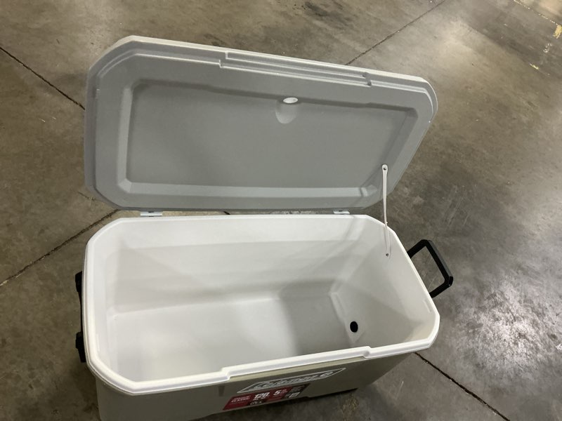 Condition photo showing As Is for coleman 2179160 316 series 120qt hard chest cooler, silver ash