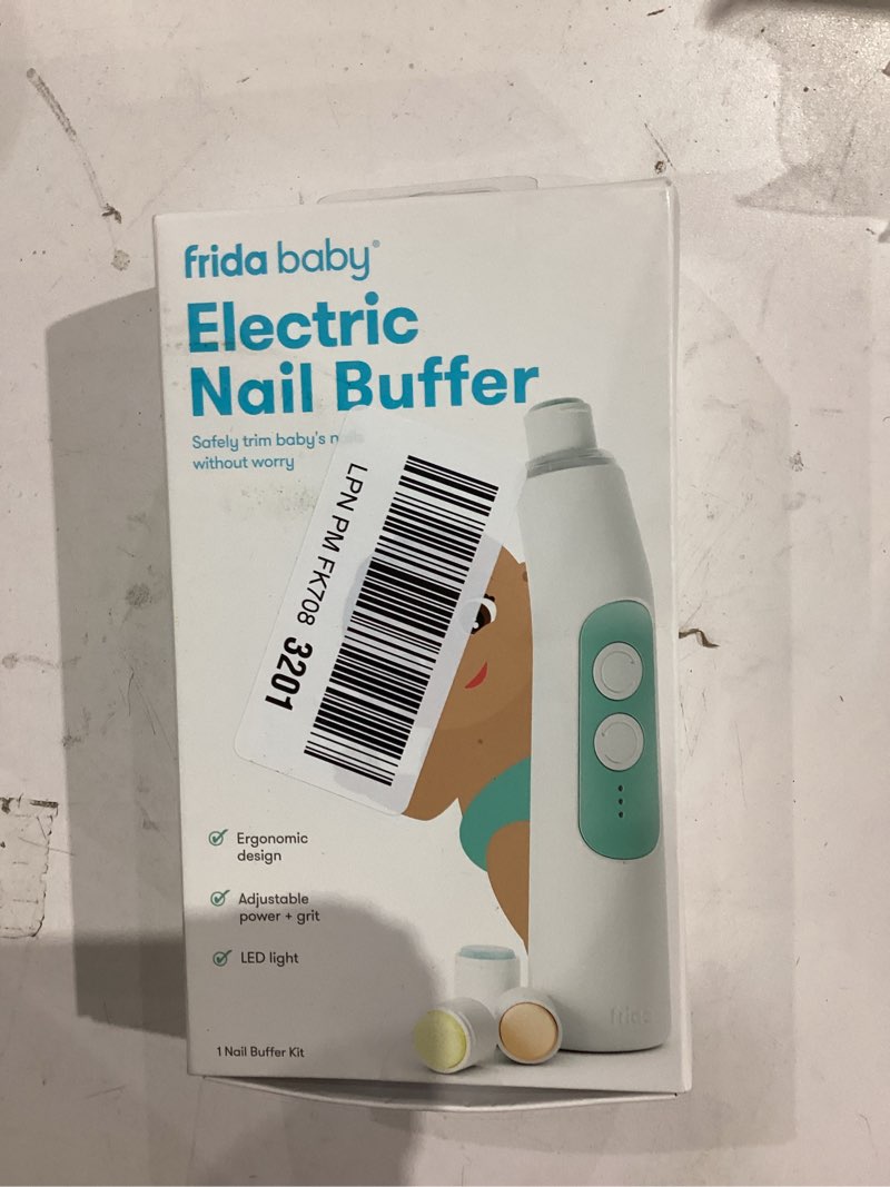 Condition photo showing New/Like New for Frida Baby Electric Nail Buffer | Safe + Easy Baby Nail File, Baby Nail Clippers + Nail Trimmer Kit for Newborn, Toddler, Children's Fingernails/Toenails, 4 Buffer Pads, LED Light, Storage Case, White
