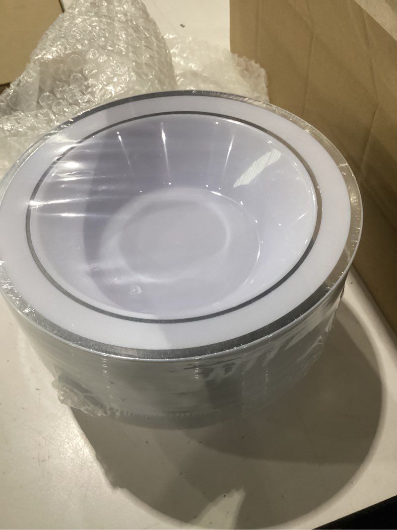 Condition photo showing New/Like New for BESTSTAR 100 Pack Disposable Soup Bowls with Silver Rim, 12oz Premium Heavy Duty Plastic Dinner Bowls for Party, Wedding and Holiday Silver 100pack