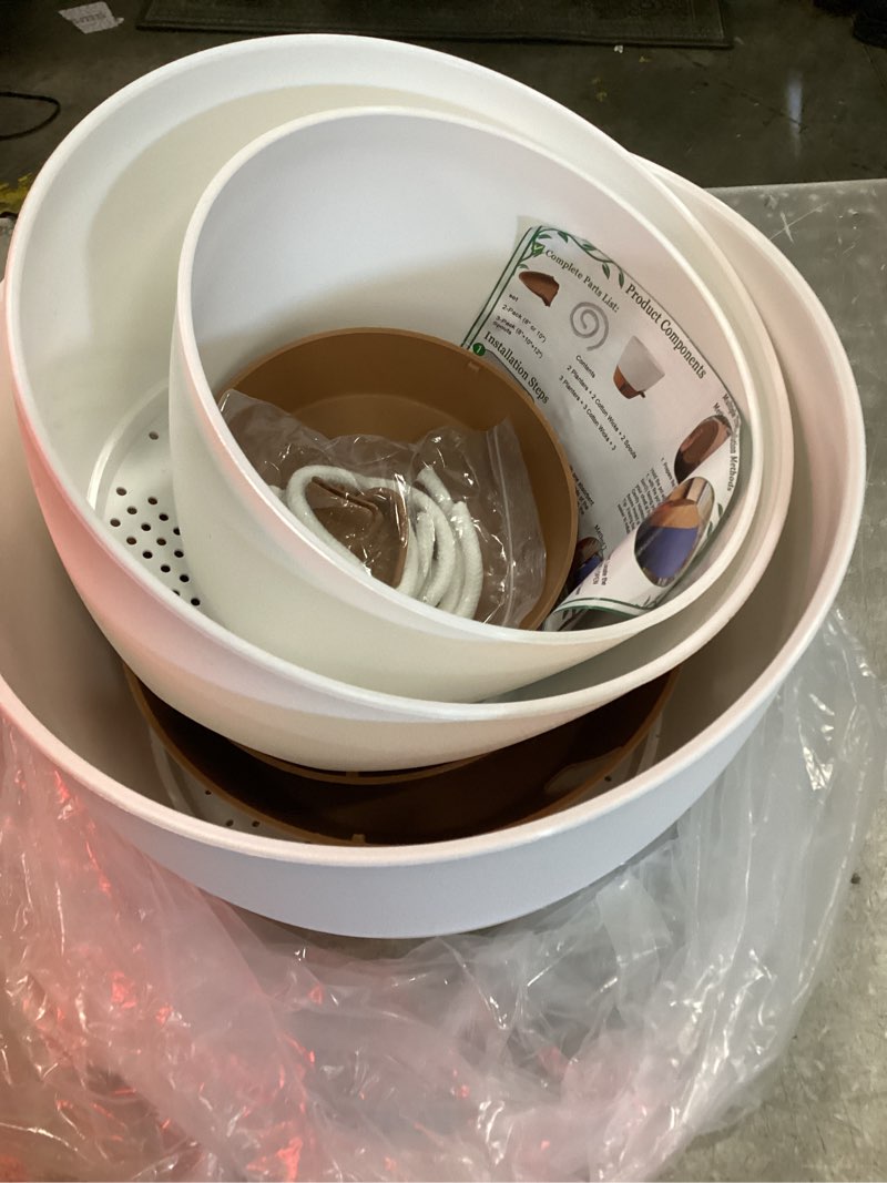 Condition photo showing As Is for 8/10/12 inch self watering pots for indoor/outdoor plants - large plastic planter with drainage holes, water level indicator & deep reservoir, modern decorative flower pots (white) white 8/10/12 inch