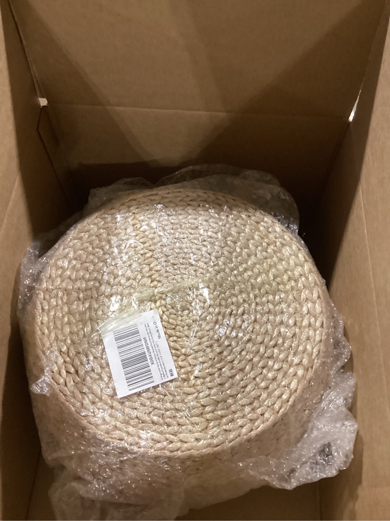 Condition photo showing Good Condition for solid wood straw round pouf ottoman, handwoven boho stool, low tatami ottoman footrest for living room bedroom patio garden (12.2"x12.2"x8.7") beige 12.2"d x 12.2"w x 8.7"h